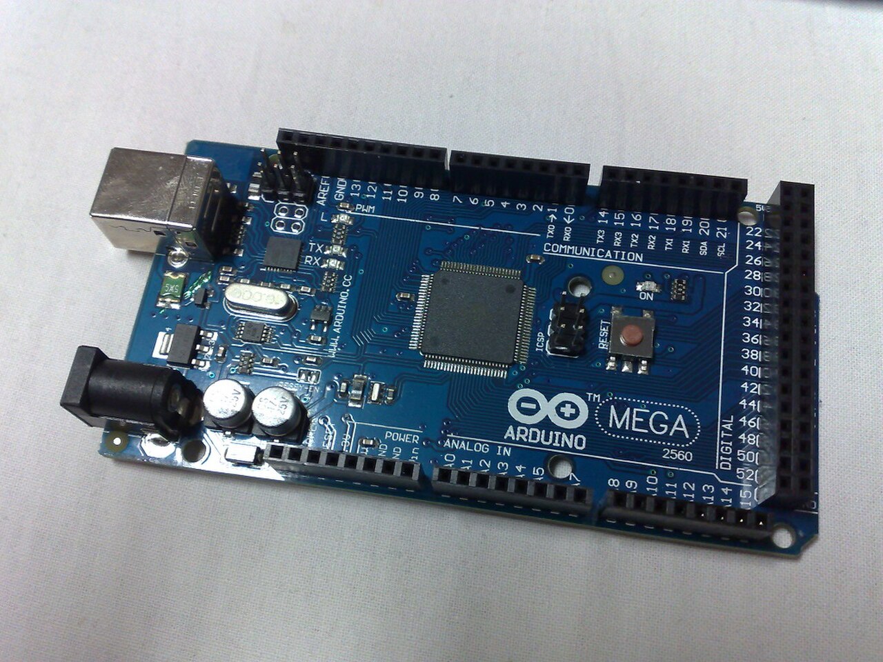 Figure 5 — An Arduino MEGA 2560 board. The documented 2019 port stores the animation at one bit per pixel; the platform is unremarkable, which is precisely what makes it a useful baseline.