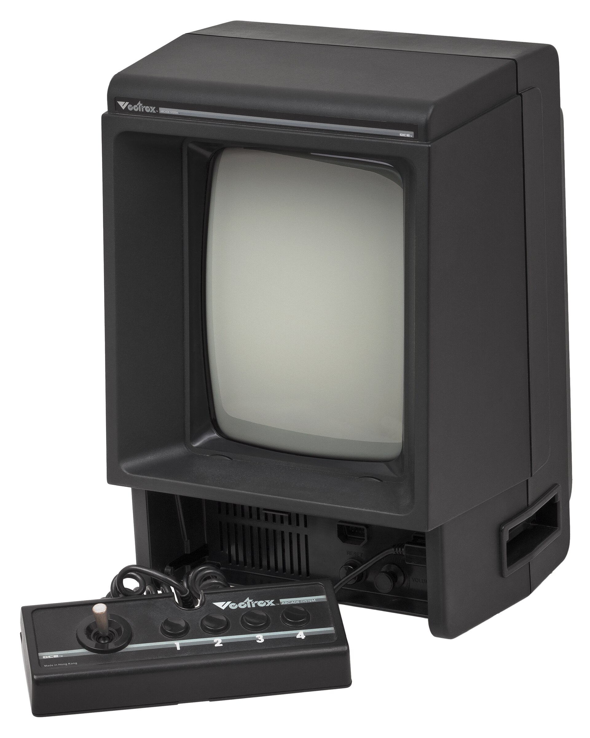 Figure 1 — The Vectrex, released in 1982 with an integral vector monitor. It has no pixels and no framebuffer; an image is a list of strokes for the beam to trace, which is why the port's first step was conve…