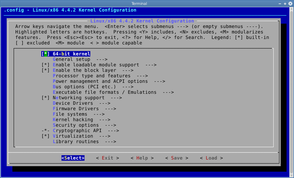 Figure 2 — The Linux kernel's make menuconfig — the most widely seen ncurses application there is. Boxes, highlighted hotkeys, a status line and a button bar, all produced by the same cell-addressing library …