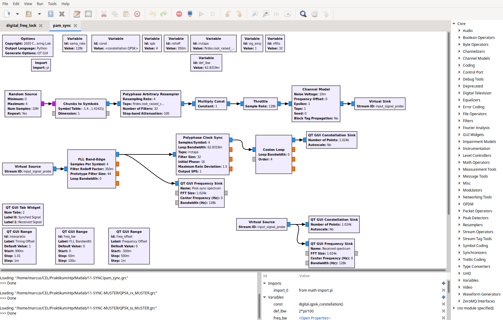 Figure 2 — GNU Radio Companion flowgraph editor. The block-graph paradigm — wire up DSP blocks visually, GRC generates Python that runs the flowgraph — is the canonical environment for arbitrary SDR signal pr…
