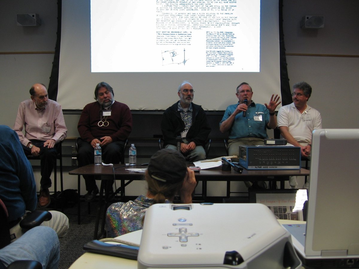 Figure 3 — A 30th-anniversary Homebrew Computer Club retrospective gathering in 2005. From left to right: Michael Holley, Steve Wozniak, Allen Baum, Lee Felsenstein, and Bob Lash — central figures of the 1975…