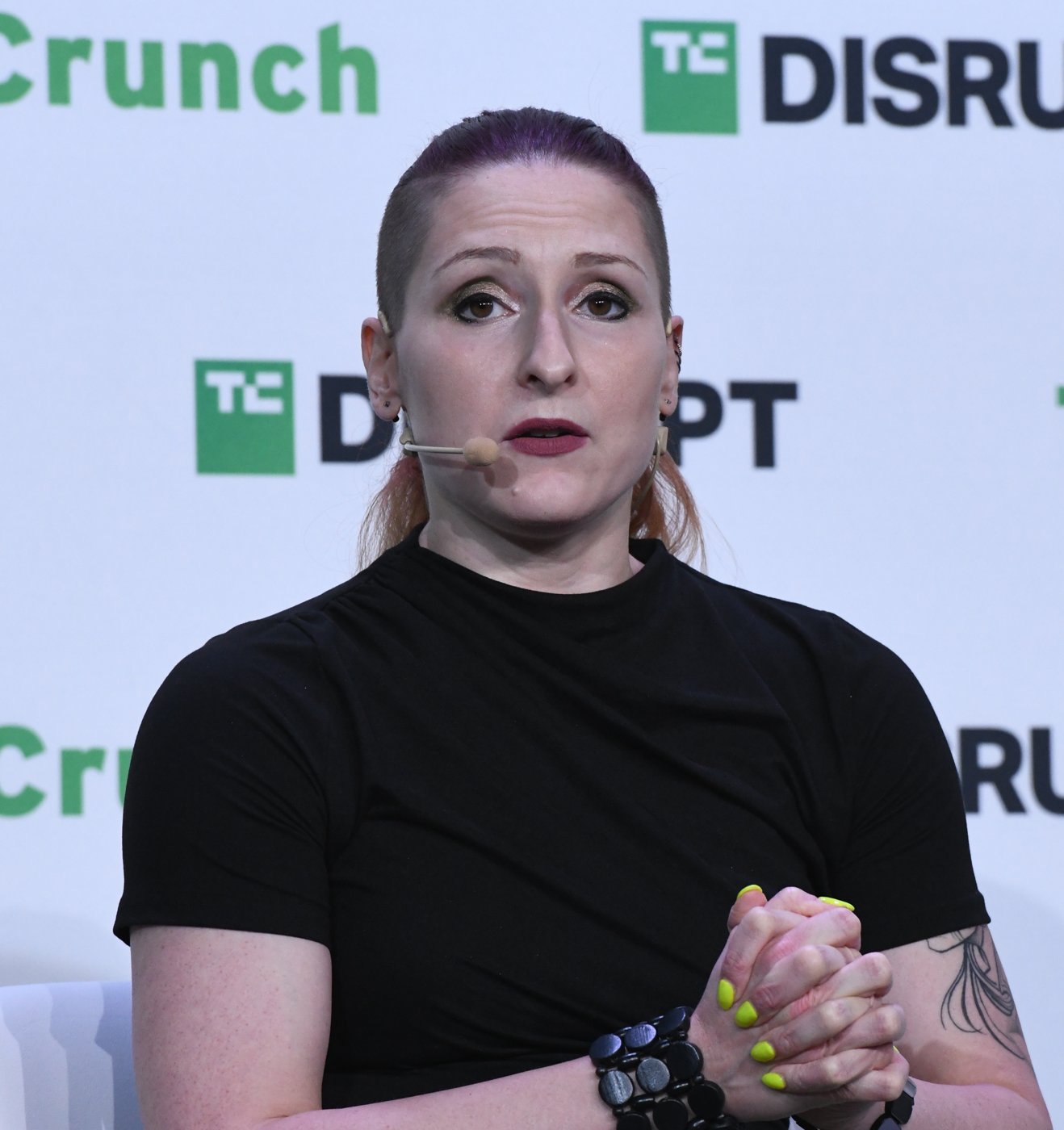Figure 2 — Lesley Carhart speaking at TechCrunch Disrupt, 2023. Carhart is the canonical figure for industrial / OT security incident response; she joined Dragos as a Principal Industrial Incident Responder i…