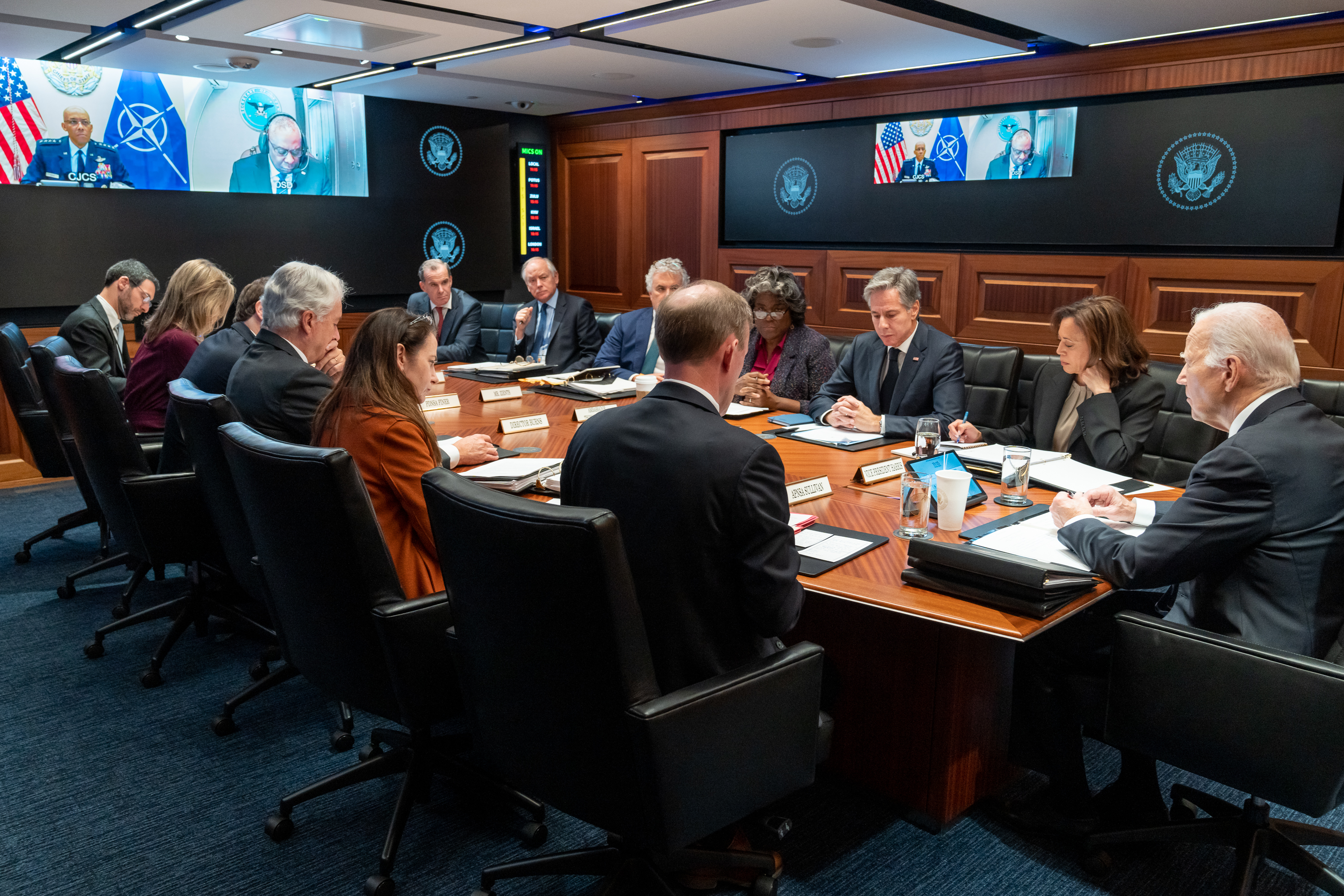 Figure 4 — The rebuilt conference room in use on October 10, 2023, roughly a month after the renovation was completed: the President, the Vice President and the national security team around the ta…
