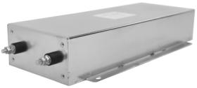 Figure 11 — A power-line RF filter for a shielded enclosure: a shielded can containing a low-pass L-C network, with feed-through terminals that pass the mains current while attenuating the RF on th…